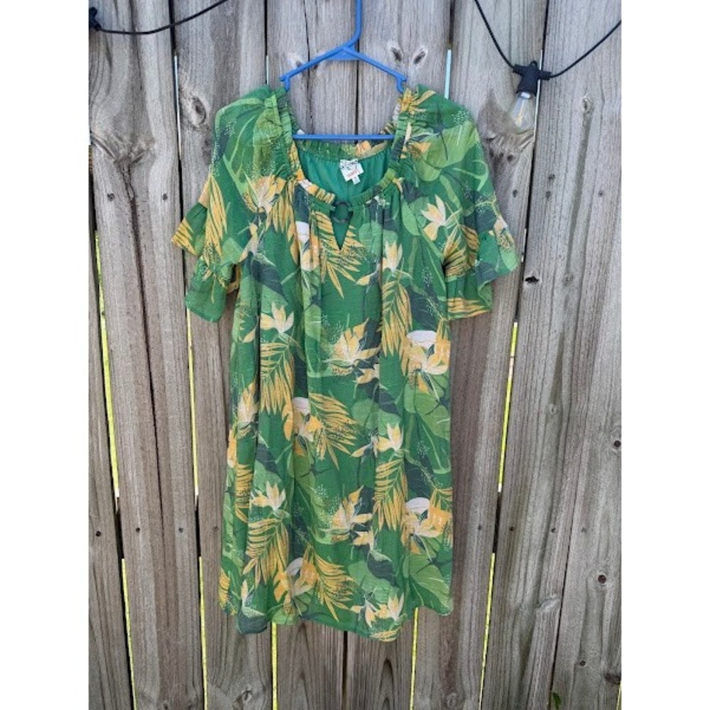Naif Green Tropical Palm Print Flutter Sleeve Keyhole Mini Dress Womens Medium